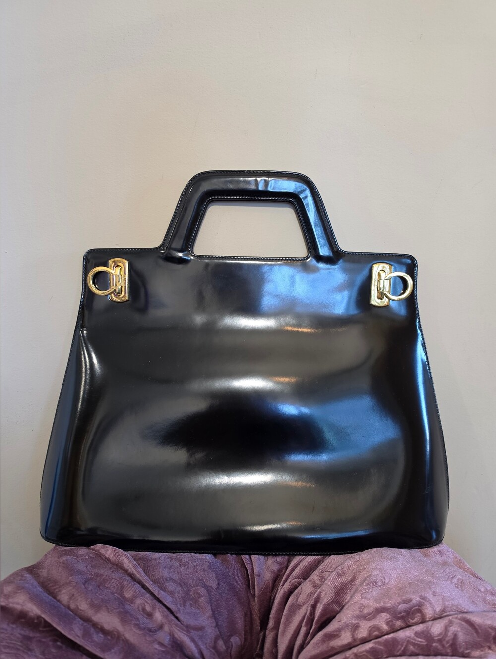 Ferragamo Wanda Black Patent Top-Handle handbag with strap